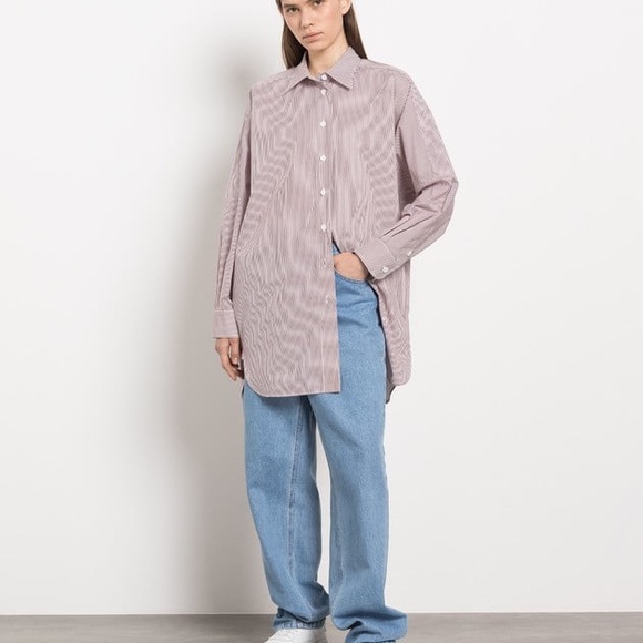 Oversized Burgundy/White Striped NormCore, Minimalist  Seinfeld Button Shirt - Picture 1 of 7